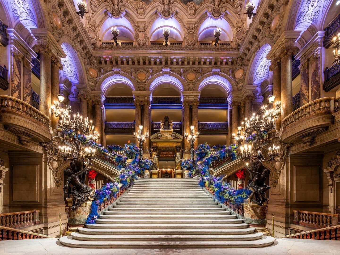 Grand staircase dressed with blue flowers